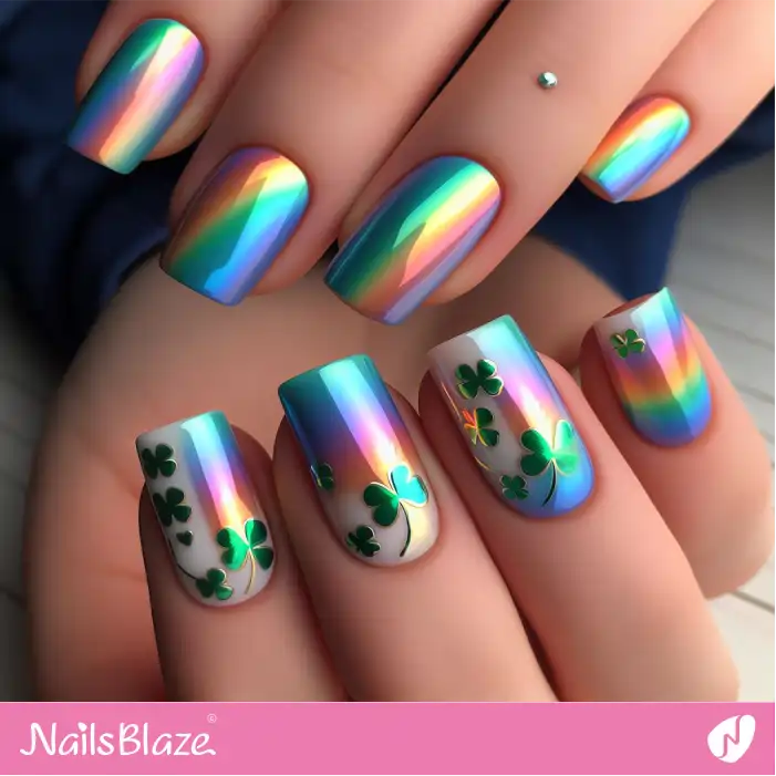 Glossy Rainbow Nails with 4-leaf Clover Design | Nature-inspired Nails - NB1582